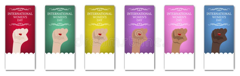 国际妇女节飞行物,小册子 妇女` s行军 多民族平等 有她的被举的拳头的女性手 女孩力量 向量例证 国际妇女节飞行物,小册子 妇女` s行军 多民族平等 有她的被举的拳头的女性手 女孩力量 向量例证